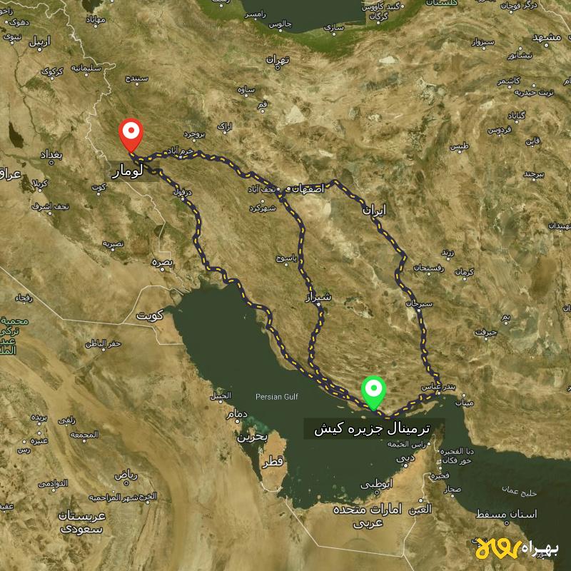 مسافت و فاصله لومار - ایلام تا ترمینال جزیره کیش - هرمزگان از ۳ مسیر - آذر ۱۴۰۳