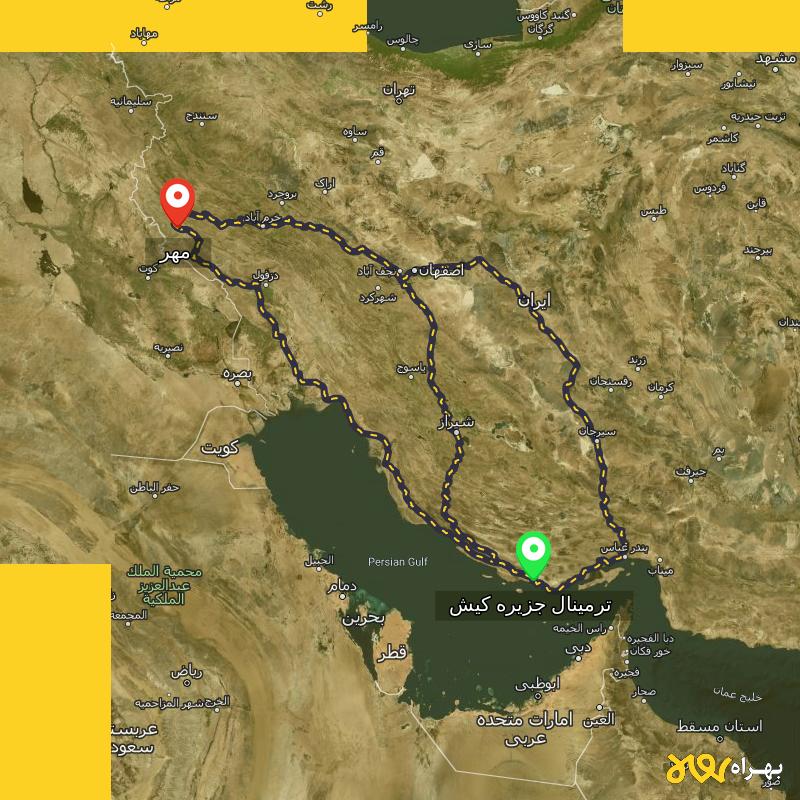 مسافت و فاصله مهر - ایلام تا ترمینال جزیره کیش - هرمزگان از ۳ مسیر - شهریور ۱۴۰۳