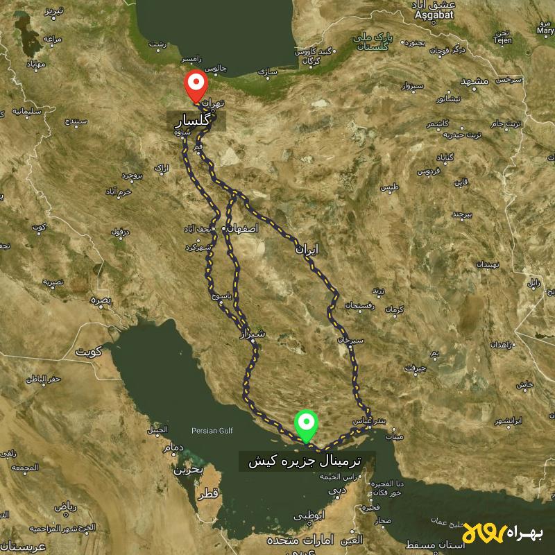 مسافت و فاصله گلسار - البرز تا ترمینال جزیره کیش - هرمزگان از ۳ مسیر - آذر ۱۴۰۳