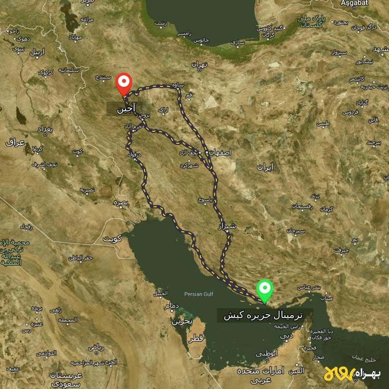 مسافت و فاصله آجین - همدان تا ترمینال جزیره کیش - هرمزگان از ۳ مسیر - مهر ۱۴۰۳