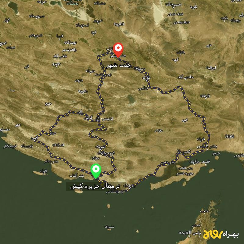 مسافت و فاصله جنت شهر - فارس تا ترمینال جزیره کیش - هرمزگان از ۳ مسیر - دی ۱۴۰۳