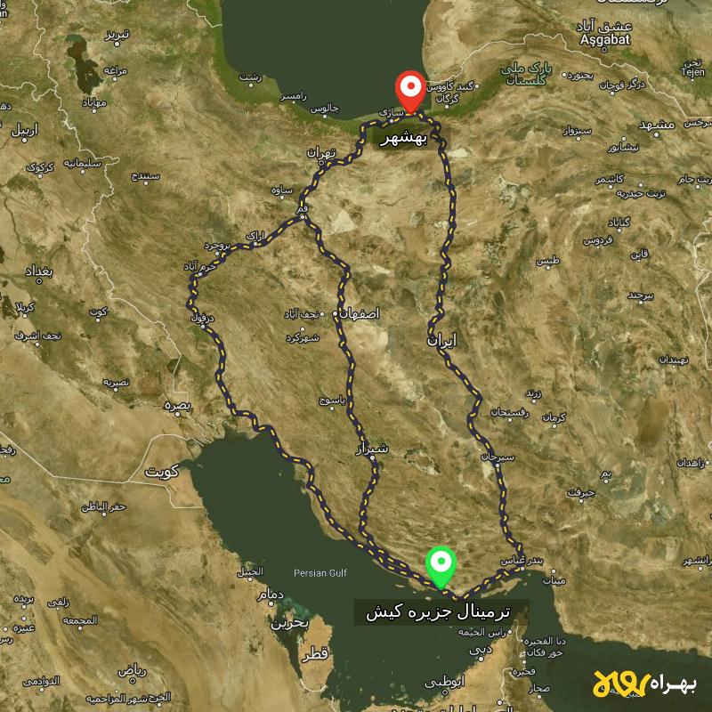 مسافت و فاصله بهشهر - مازندران تا ترمینال جزیره کیش - هرمزگان از ۳ مسیر - آذر ۱۴۰۳