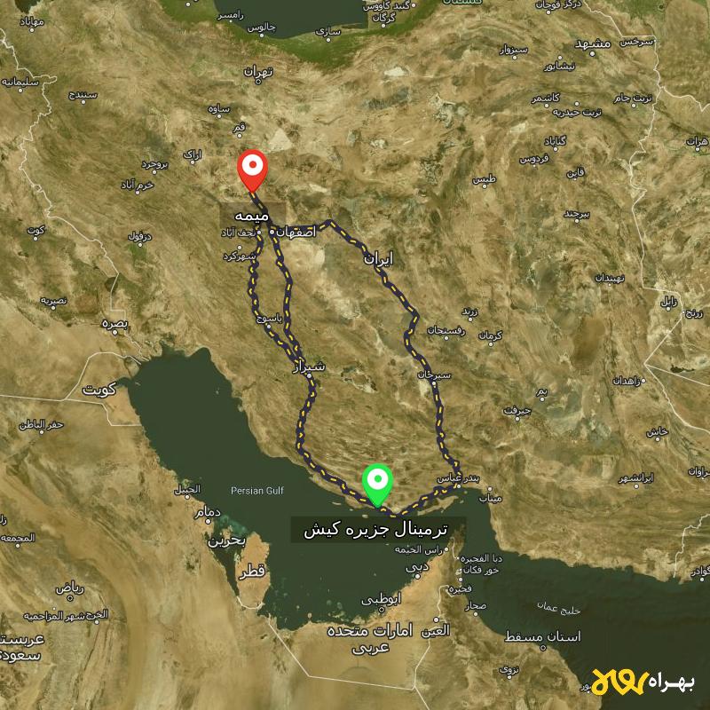 مسافت و فاصله میمه - اصفهان تا ترمینال جزیره کیش - هرمزگان از ۳ مسیر - آذر ۱۴۰۳