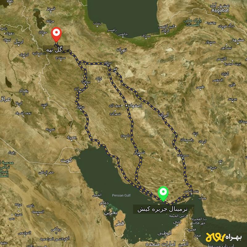 مسافت و فاصله گل تپه - کردستان تا ترمینال جزیره کیش - هرمزگان از ۳ مسیر - شهریور ۱۴۰۳
