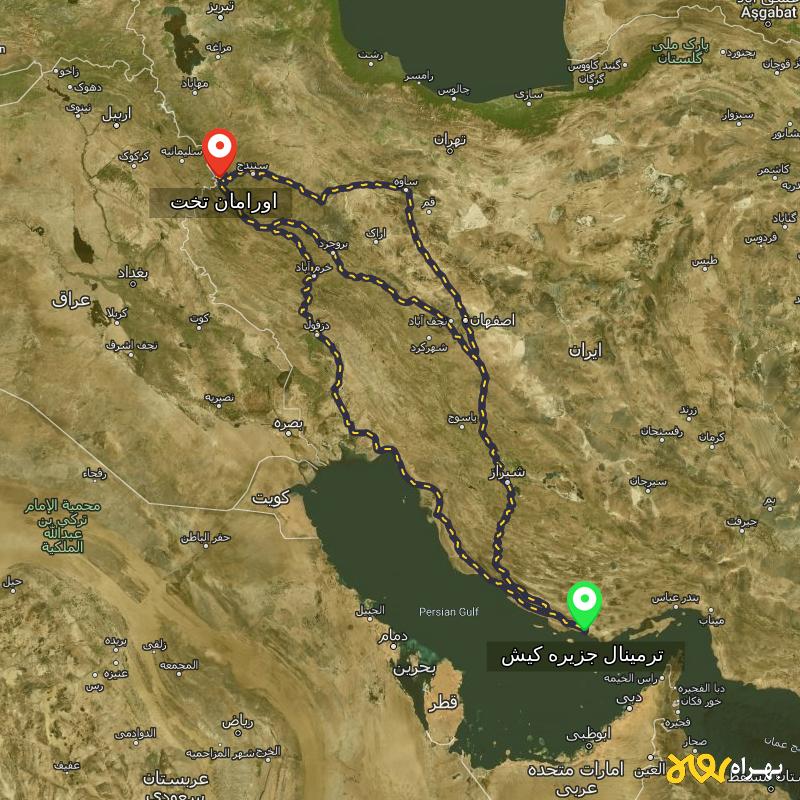مسافت و فاصله اورامان تخت - کردستان تا ترمینال جزیره کیش - هرمزگان از ۳ مسیر - آذر ۱۴۰۳