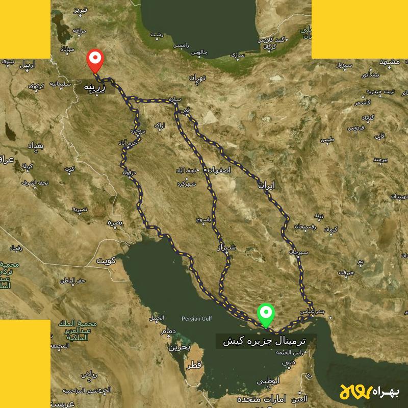 مسافت و فاصله زرینه - کردستان تا ترمینال جزیره کیش - هرمزگان از ۳ مسیر - مهر ۱۴۰۳