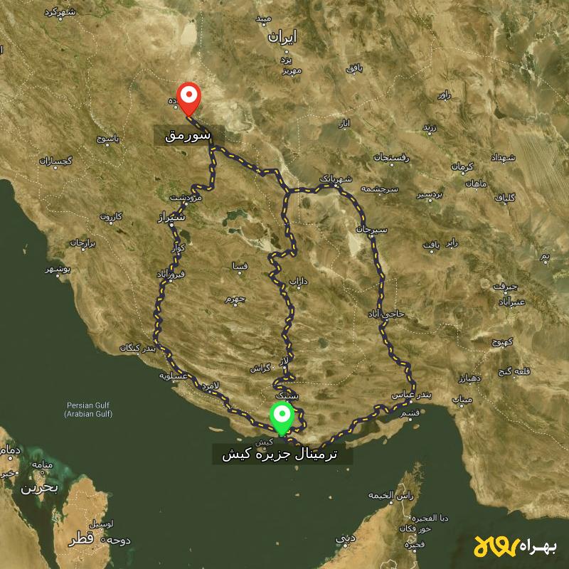 مسافت و فاصله سورمق - فارس تا ترمینال جزیره کیش - هرمزگان از ۳ مسیر - شهریور ۱۴۰۳