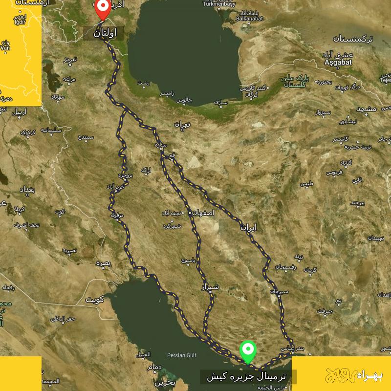 مسافت و فاصله اولتان - اردبیل تا ترمینال جزیره کیش - هرمزگان از ۳ مسیر - مهر ۱۴۰۳