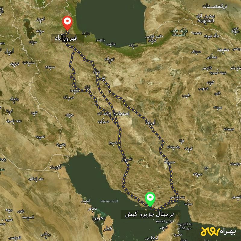 مسافت و فاصله فیروزآباد - اردبیل تا ترمینال جزیره کیش - هرمزگان از ۳ مسیر - آذر ۱۴۰۳