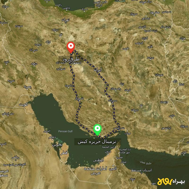 مسافت و فاصله طرق‌رود - اصفهان تا ترمینال جزیره کیش - هرمزگان از ۲ مسیر - اسفند ۱۴۰۳