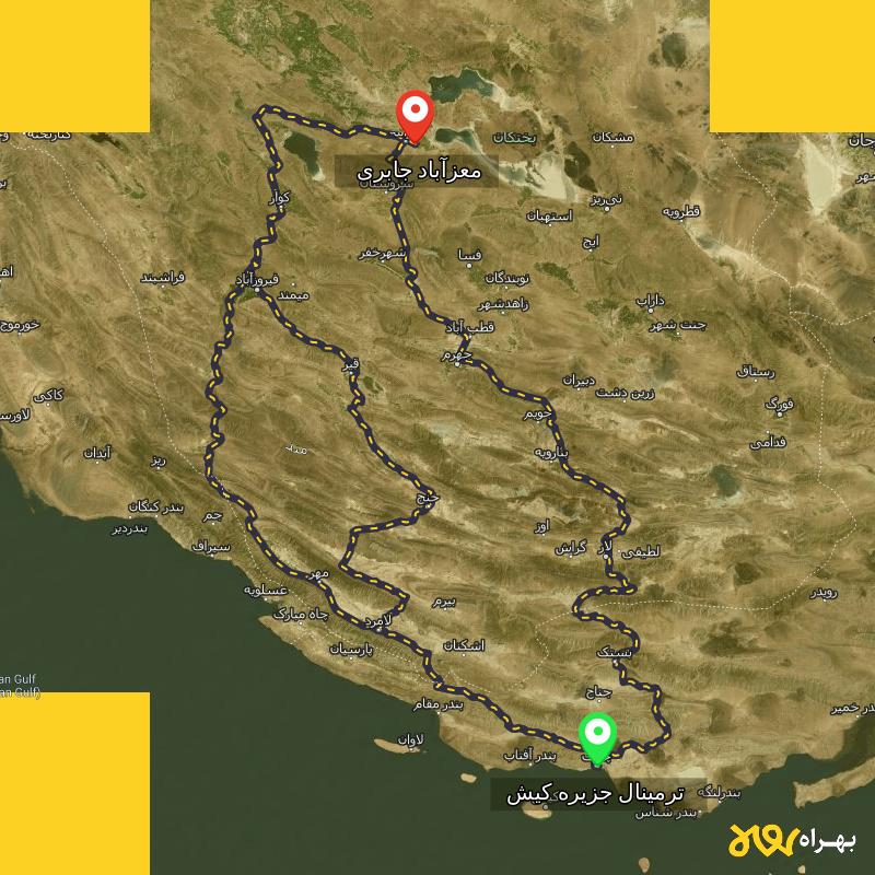 مسافت و فاصله معزآباد جابری - فارس تا ترمینال جزیره کیش - هرمزگان از ۳ مسیر - شهریور ۱۴۰۳