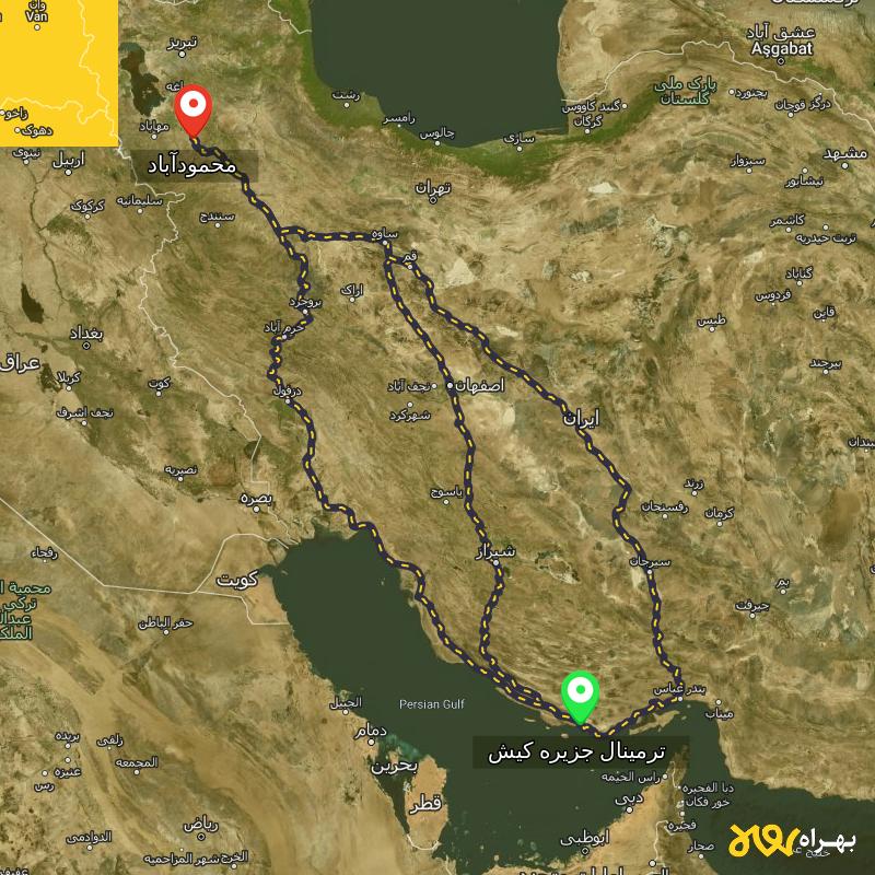 مسافت و فاصله محمودآباد - آذربایجان غربی تا ترمینال جزیره کیش - هرمزگان از ۳ مسیر - شهریور ۱۴۰۳