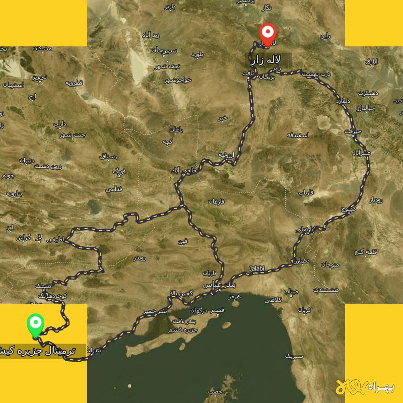 مسافت و فاصله لاله زار - کرمان تا ترمینال جزیره کیش - هرمزگان از ۳ مسیر - مرداد ۱۴۰۳