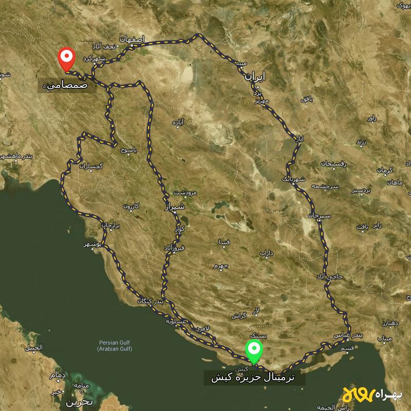 مسافت و فاصله صمصامی - چهارمحال و بختیاری تا ترمینال جزیره کیش - هرمزگان از ۳ مسیر - دی ۱۴۰۳