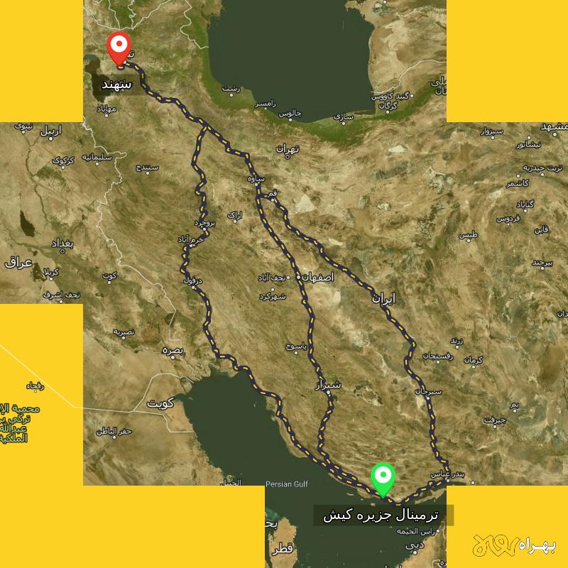 مسافت و فاصله سهند - آذربایجان شرقی تا ترمینال جزیره کیش - هرمزگان از ۳ مسیر - مهر ۱۴۰۳