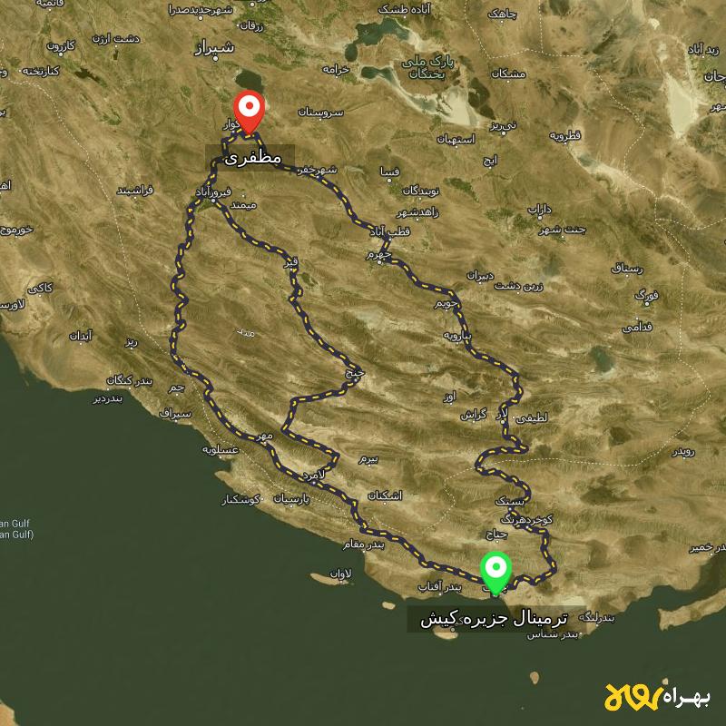 مسافت و فاصله مظفری - فارس تا ترمینال جزیره کیش - هرمزگان از ۳ مسیر - مرداد ۱۴۰۳