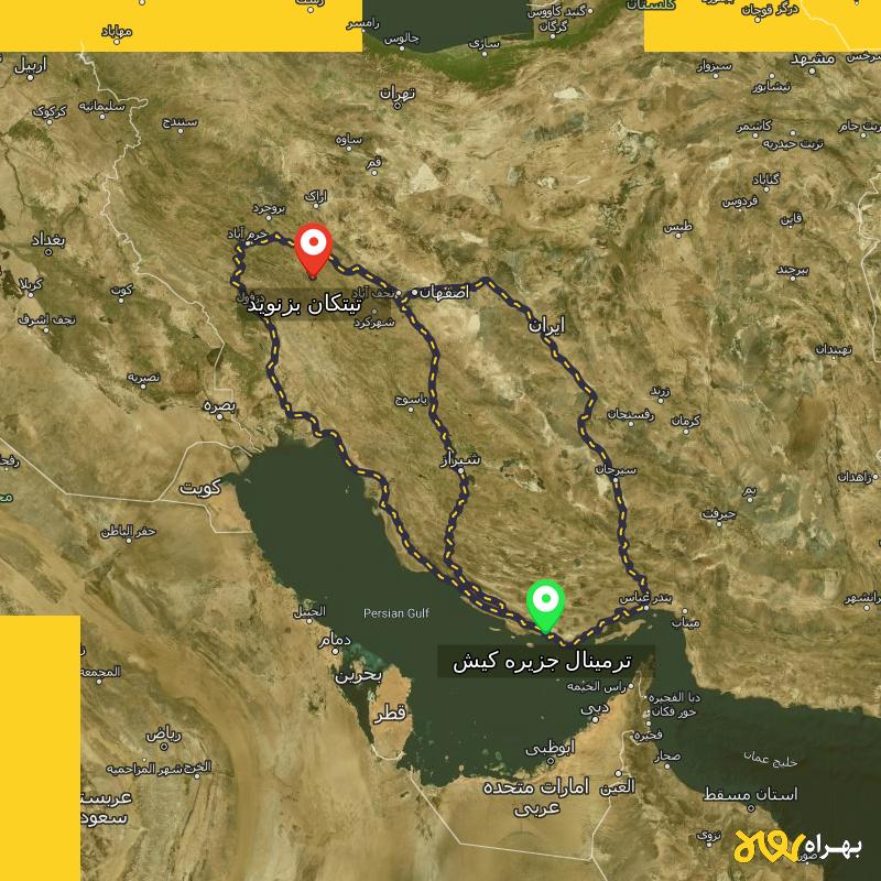 مسافت و فاصله تیتکان بزنوید - لرستان تا ترمینال جزیره کیش - هرمزگان از ۳ مسیر - شهریور ۱۴۰۳