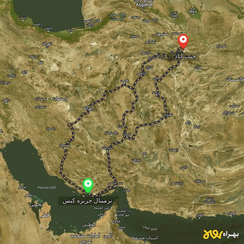 مسافت و فاصله جنت آباد - خراسان رضوی تا ترمینال جزیره کیش - هرمزگان از ۳ مسیر - اردیبهشت ۱۴۰۳