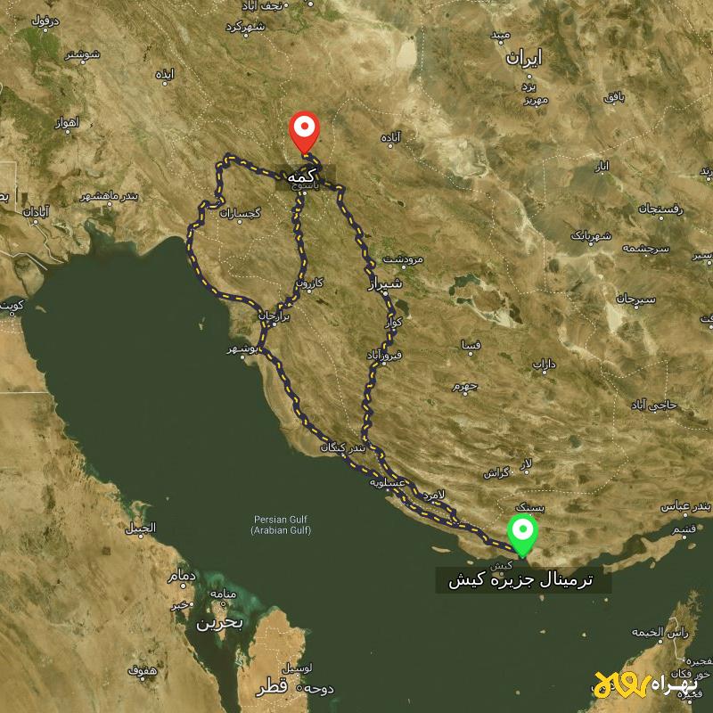 مسافت و فاصله کمه - اصفهان تا ترمینال جزیره کیش - هرمزگان از ۳ مسیر - مهر ۱۴۰۳