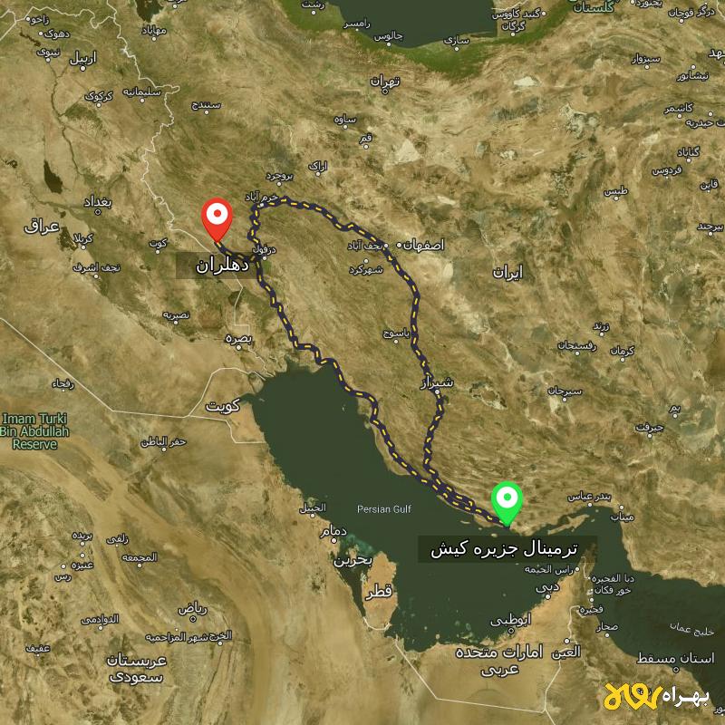 مسافت و فاصله دهلران - ایلام تا ترمینال جزیره کیش - هرمزگان از ۲ مسیر - آذر ۱۴۰۳