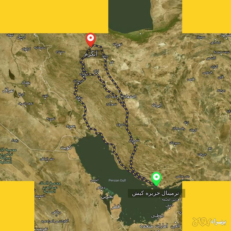 مسافت و فاصله آبگرم - قزوین تا ترمینال جزیره کیش - هرمزگان از ۳ مسیر - دی ۱۴۰۳