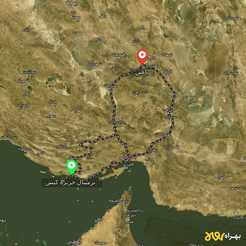 مسافت و فاصله باغین - کرمان تا ترمینال جزیره کیش - هرمزگان از ۳ مسیر - آذر ۱۴۰۳