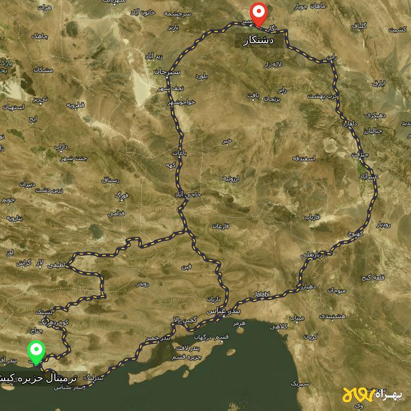 مسافت و فاصله دشتکار - کرمان تا ترمینال جزیره کیش - هرمزگان از ۳ مسیر - شهریور ۱۴۰۳