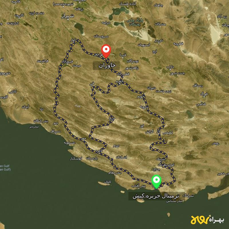 مسافت و فاصله خاوران - فارس تا ترمینال جزیره کیش - هرمزگان از ۳ مسیر - مرداد ۱۴۰۳