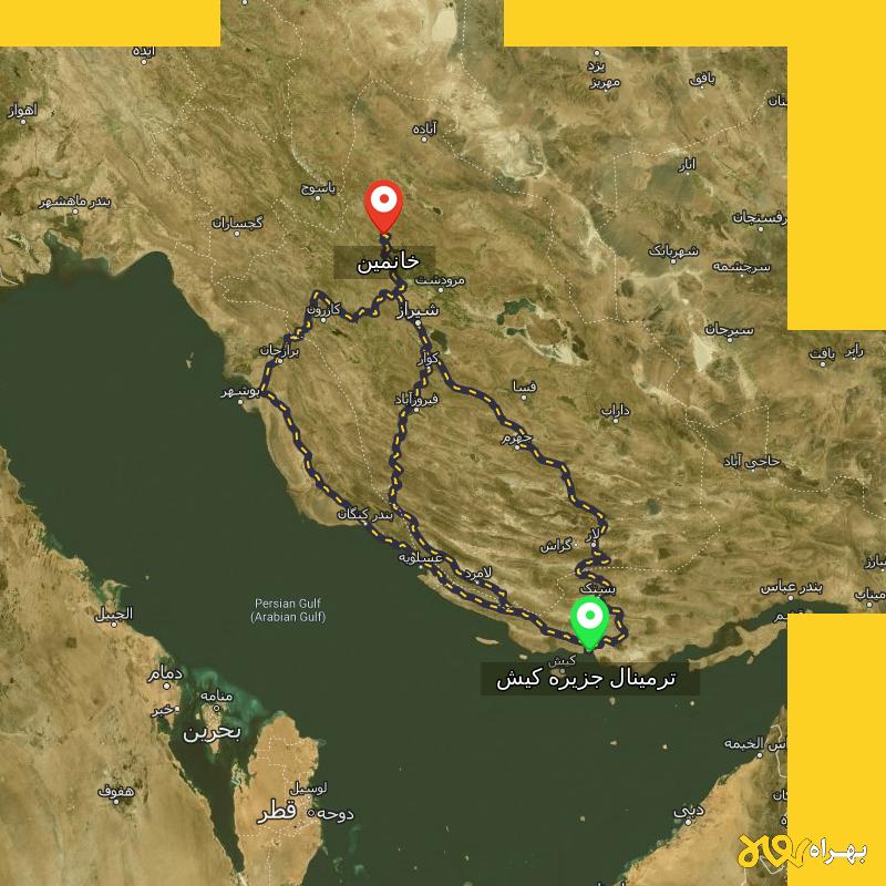 مسافت و فاصله خانمین - فارس تا ترمینال جزیره کیش - هرمزگان از ۳ مسیر - مهر ۱۴۰۳