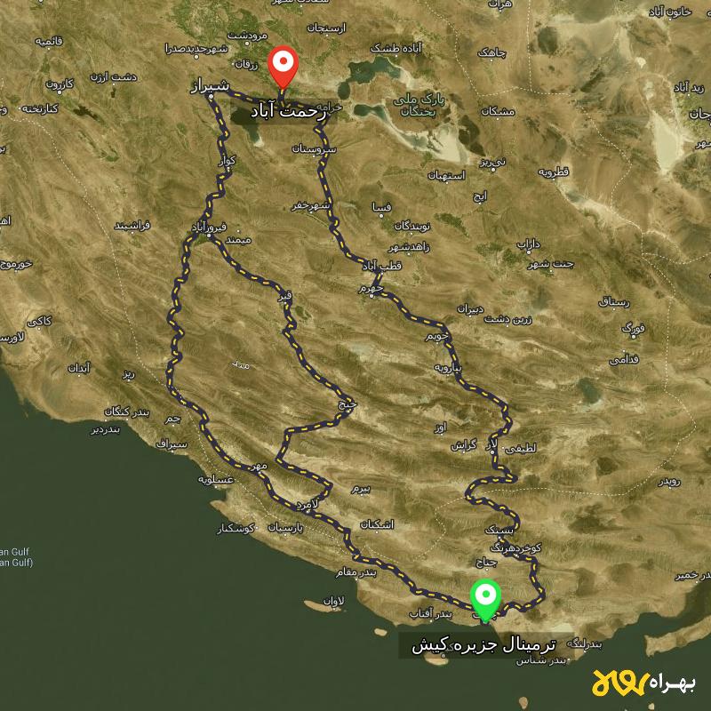 مسافت و فاصله رحمت آباد - فارس تا ترمینال جزیره کیش - هرمزگان از ۳ مسیر - شهریور ۱۴۰۳
