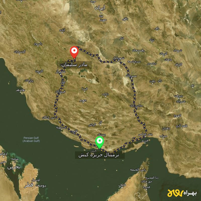مسافت و فاصله مادر سلیمان - فارس تا ترمینال جزیره کیش - هرمزگان از ۲ مسیر - مرداد ۱۴۰۳