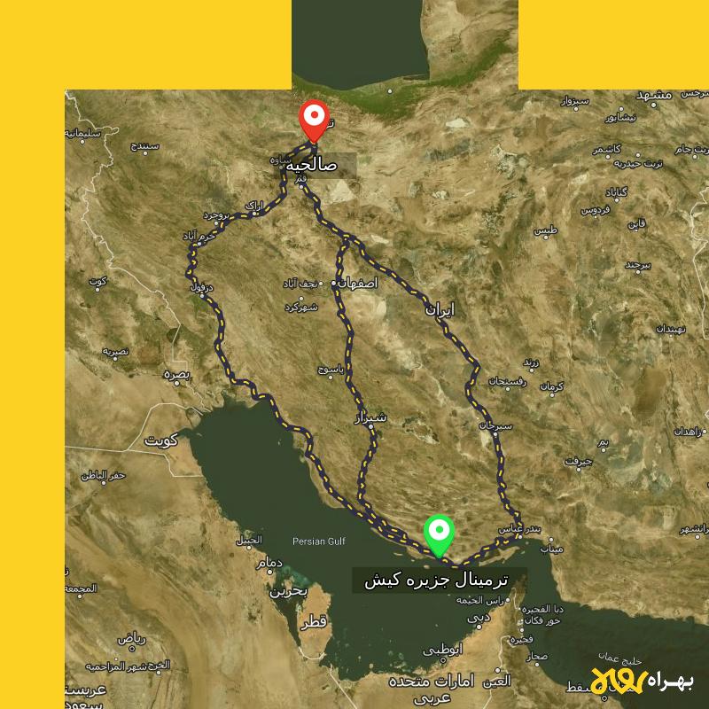 مسافت و فاصله صالحیه - تهران تا ترمینال جزیره کیش - هرمزگان از ۳ مسیر - شهریور ۱۴۰۳