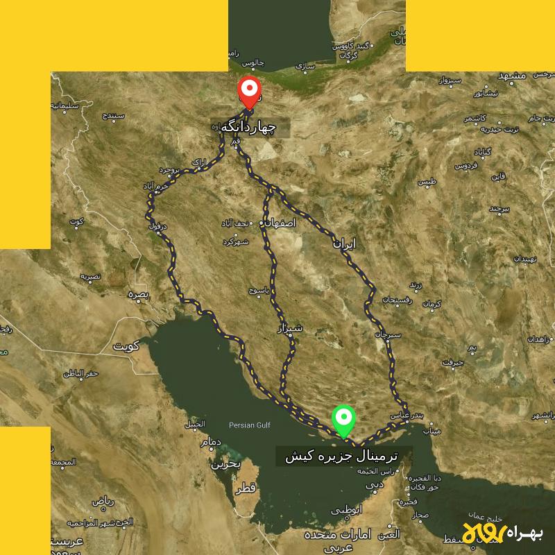 مسافت و فاصله چهاردانگه - تهران تا ترمینال جزیره کیش - هرمزگان از ۳ مسیر - دی ۱۴۰۳