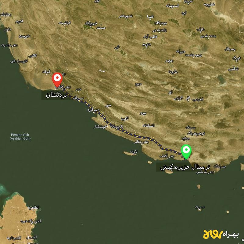 مسافت و فاصله بردستان - بوشهر تا ترمینال جزیره کیش - هرمزگان - شهریور ۱۴۰۳