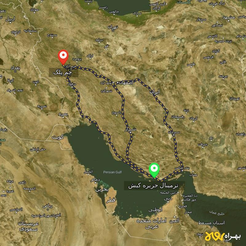 مسافت و فاصله چم پلک - لرستان تا ترمینال جزیره کیش - هرمزگان از ۳ مسیر - مهر ۱۴۰۳