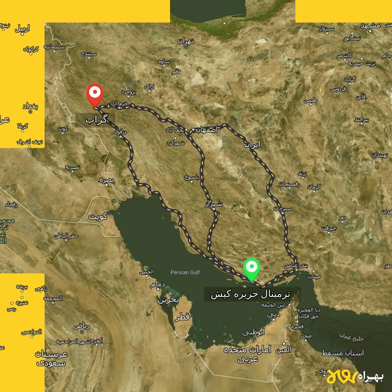مسافت و فاصله گراب - لرستان تا ترمینال جزیره کیش - هرمزگان از ۳ مسیر - شهریور ۱۴۰۳