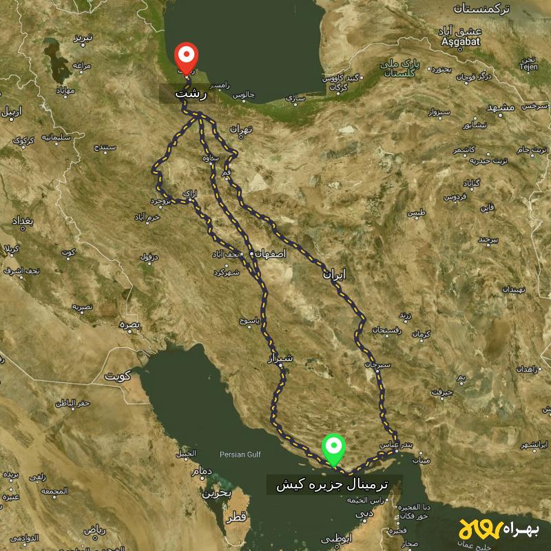 مسافت و فاصله رشت تا ترمینال جزیره کیش - هرمزگان از ۳ مسیر - شهریور ۱۴۰۳