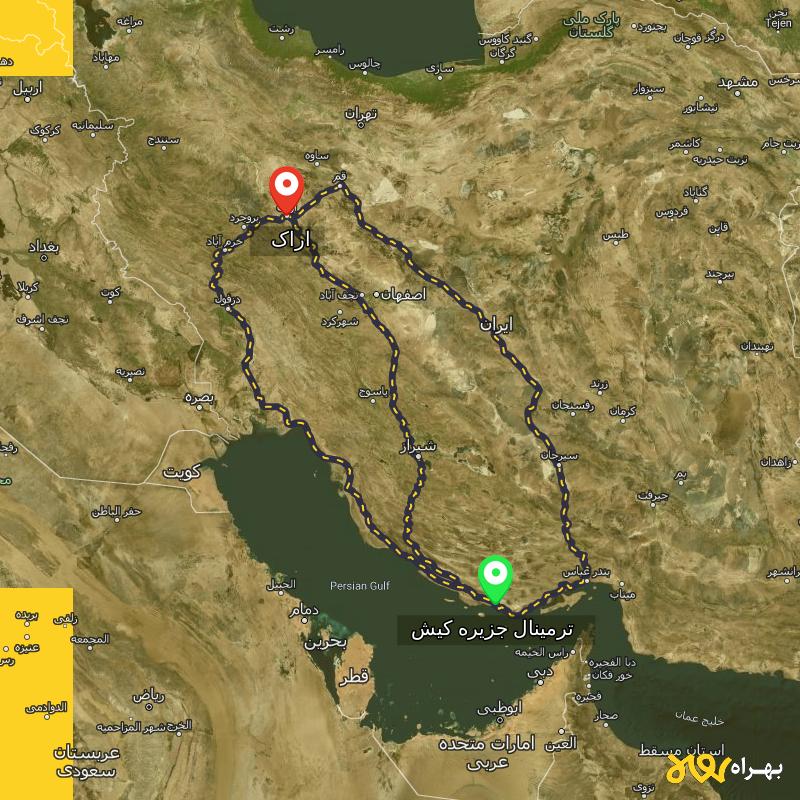 مسافت و فاصله اراک تا ترمینال جزیره کیش - هرمزگان از ۳ مسیر - مرداد ۱۴۰۳