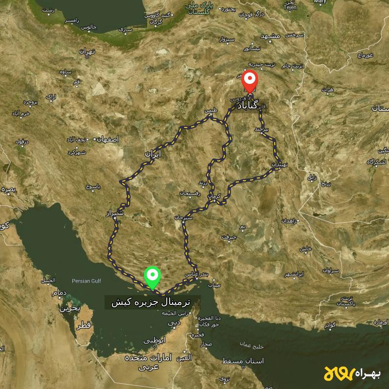 مسافت و فاصله گناباد - خراسان رضوی تا ترمینال جزیره کیش - هرمزگان از ۳ مسیر - آذر ۱۴۰۳