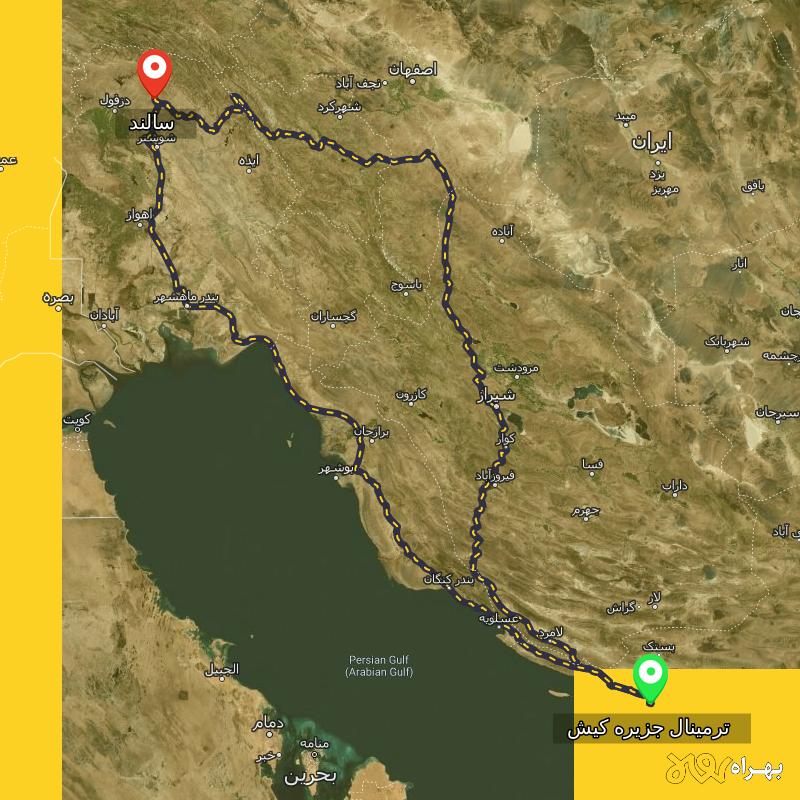 مسافت و فاصله سالند - خوزستان تا ترمینال جزیره کیش - هرمزگان از ۲ مسیر - دی ۱۴۰۳