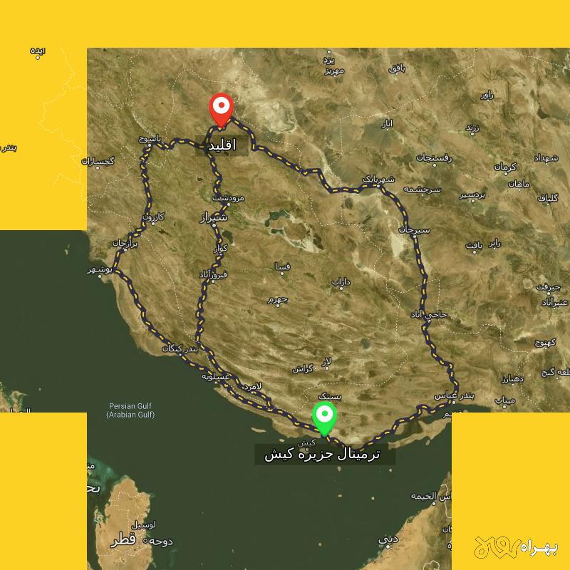 مسافت و فاصله اقلید - فارس تا ترمینال جزیره کیش - هرمزگان از ۳ مسیر - دی ۱۴۰۳