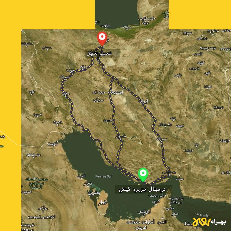 مسافت و فاصله نسیم شهر - تهران تا ترمینال جزیره کیش - هرمزگان از ۳ مسیر - مرداد ۱۴۰۳