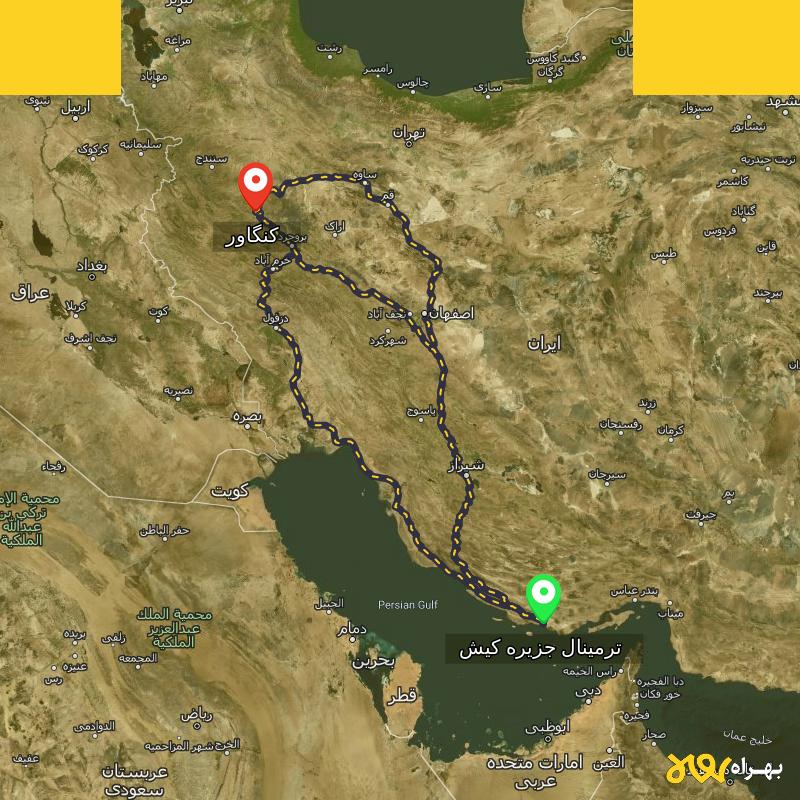 مسافت و فاصله کنگاور - کرمانشاه تا ترمینال جزیره کیش - هرمزگان از ۳ مسیر - شهریور ۱۴۰۳