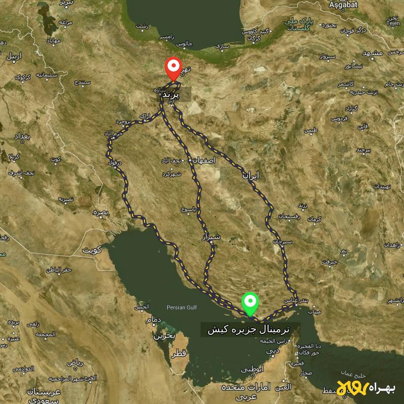 مسافت و فاصله پرند تا ترمینال جزیره کیش - هرمزگان از ۳ مسیر - مرداد ۱۴۰۳