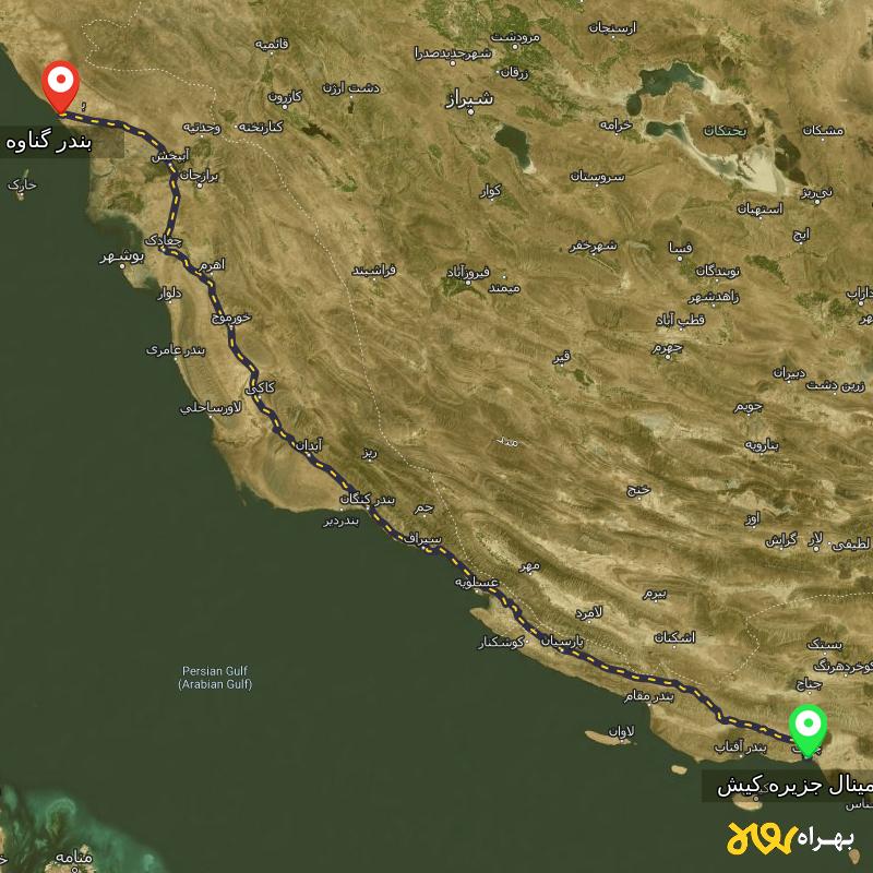 مسافت و فاصله بندر گناوه - بوشهر تا ترمینال جزیره کیش - هرمزگان - آذر ۱۴۰۳