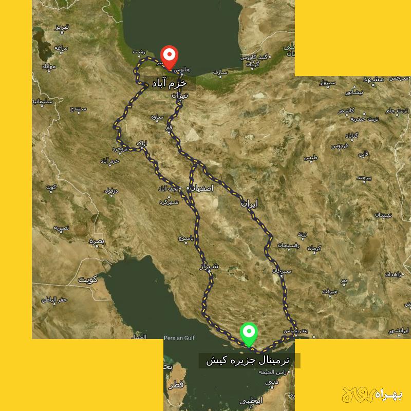 مسافت و فاصله خرم آباد - مازندران تا ترمینال جزیره کیش - هرمزگان از ۳ مسیر - مرداد ۱۴۰۳