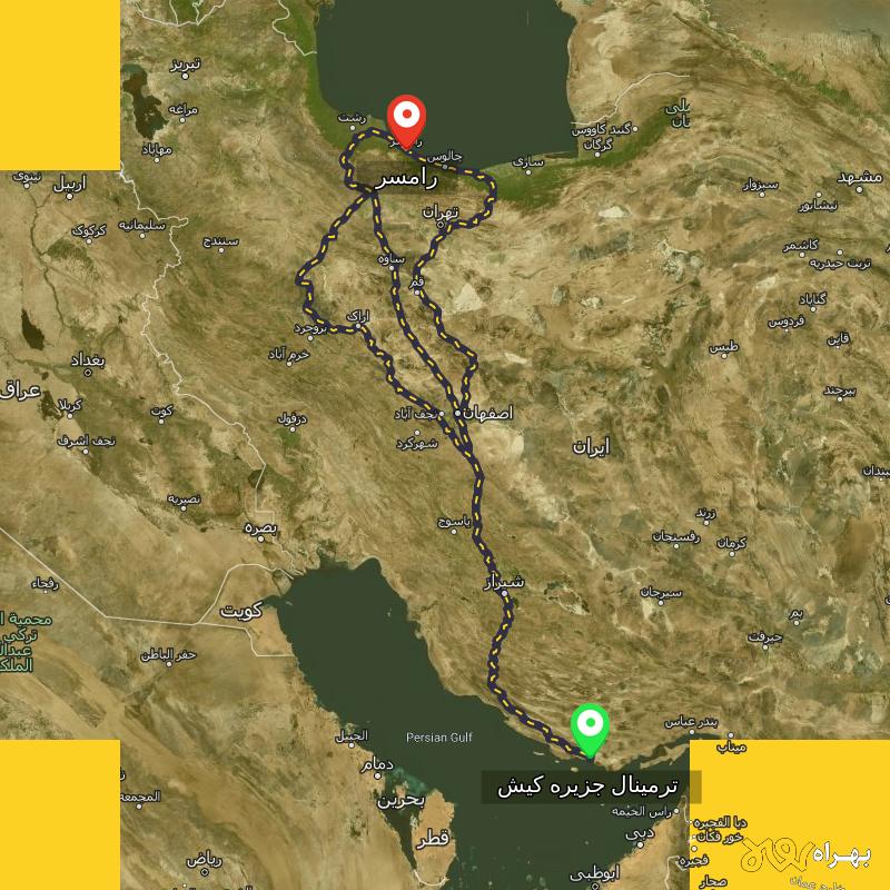مسافت و فاصله رامسر - مازندران تا ترمینال جزیره کیش - هرمزگان از ۳ مسیر - مرداد ۱۴۰۳