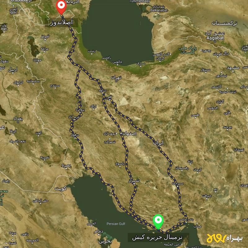 مسافت و فاصله اصلاندوز - اردبیل تا ترمینال جزیره کیش - هرمزگان از ۳ مسیر - بهمن ۱۴۰۳