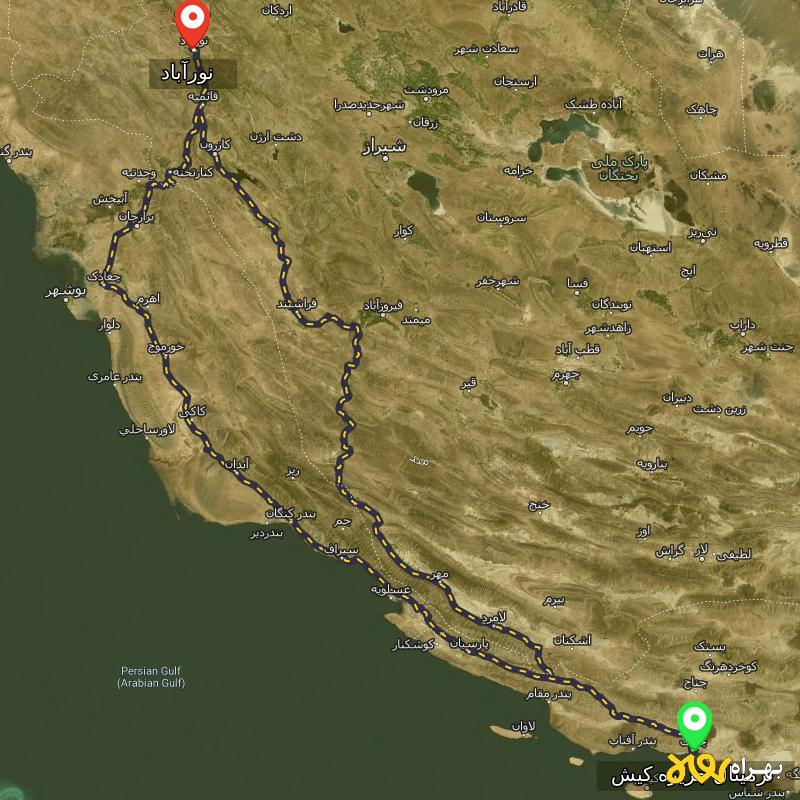 مسافت و فاصله نورآباد - نورآباد ممسنی تا ترمینال جزیره کیش - هرمزگان از ۲ مسیر - آذر ۱۴۰۳