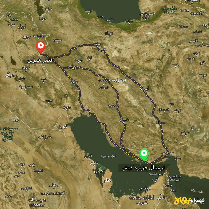 مسافت و فاصله قصر شیرین - کرمانشاه تا ترمینال جزیره کیش - هرمزگان از ۳ مسیر - بهمن ۱۴۰۳